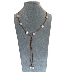 White Pearl and Tan Leather Handmade Adjustable Lariat Necklace